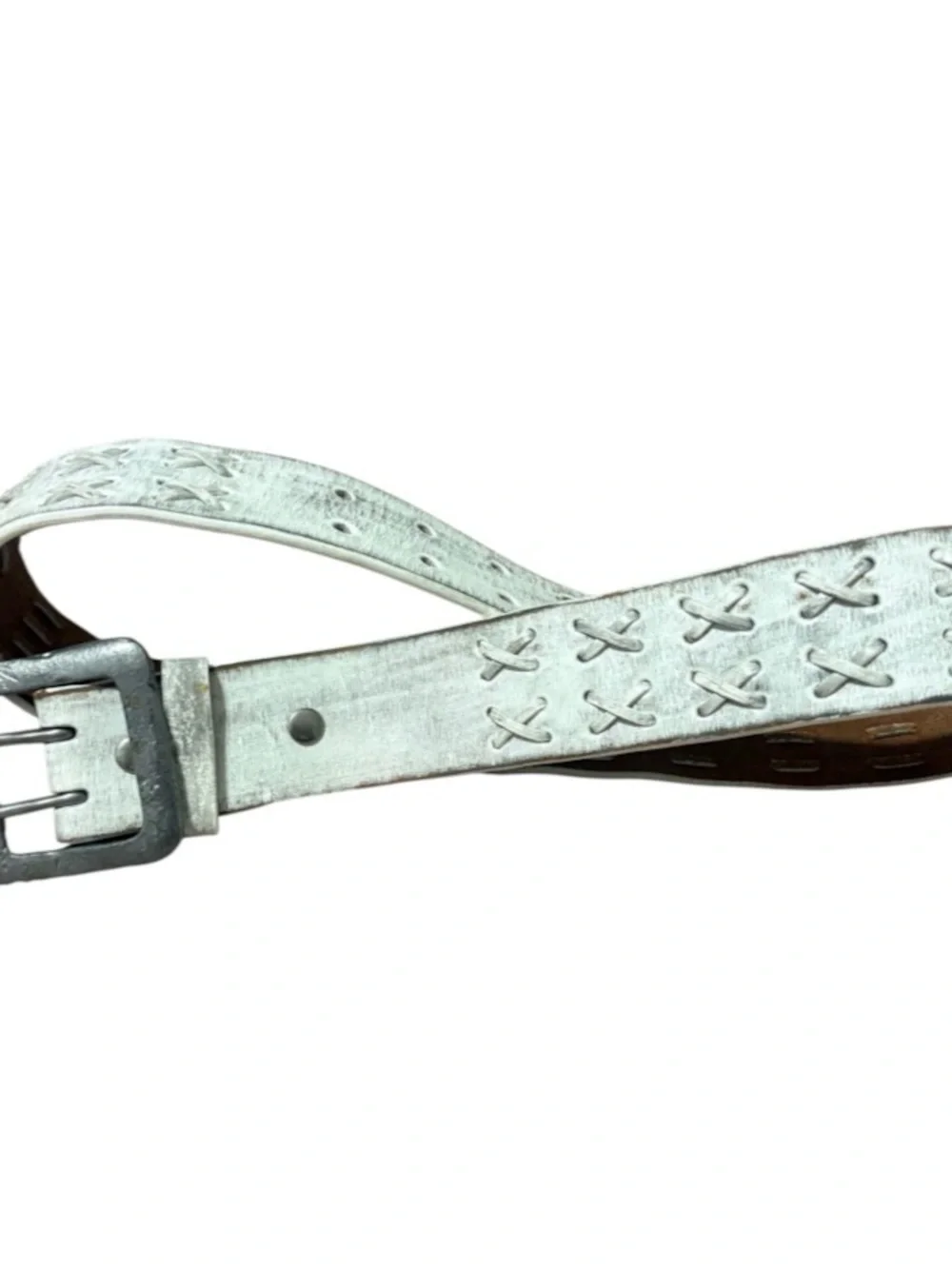 Leather island  White Distressed Leather Belt with Double-Prong Buckle